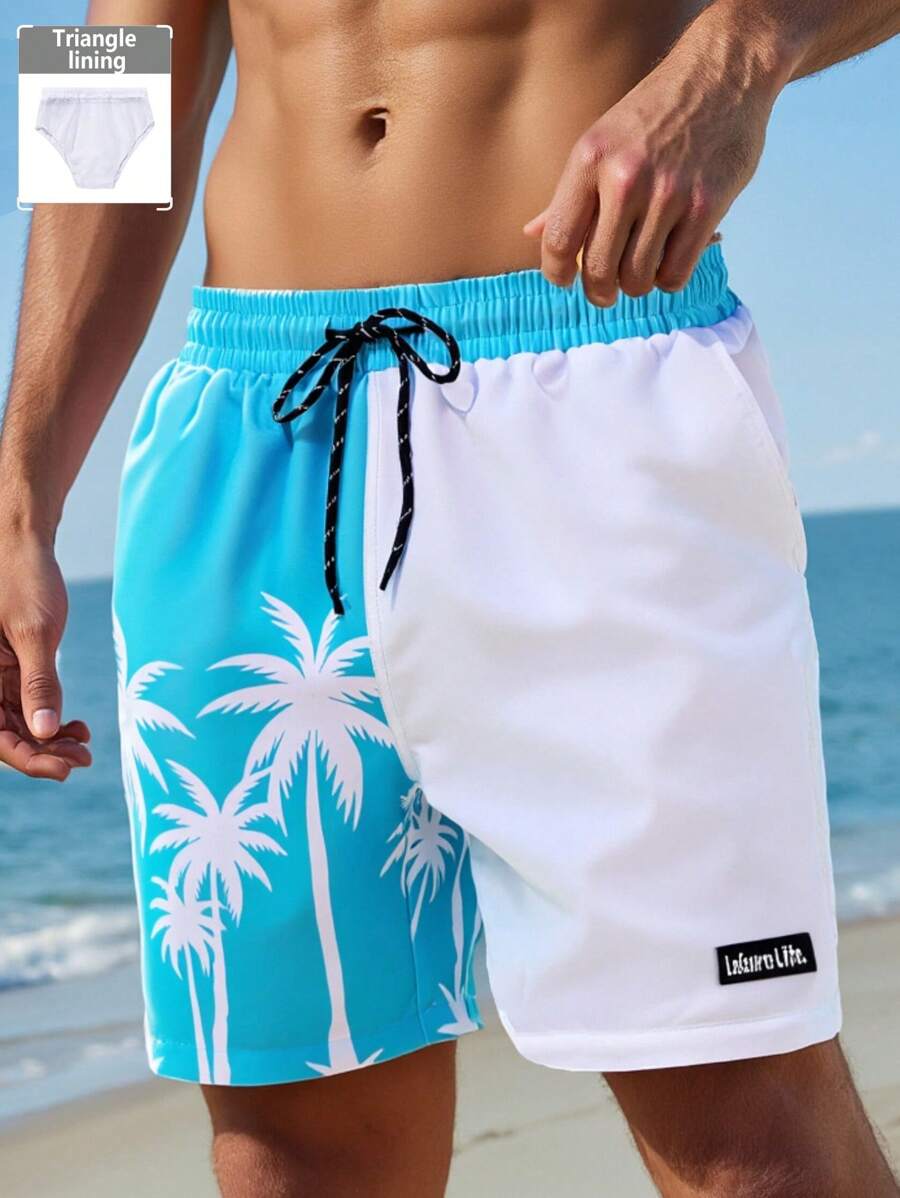 Surfspeed Quần short đi biển họa tiết cây cọ Colorblock dành cho nam - Màu xanh lam - Xem 1