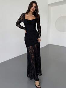 Firerie 女士夏季优雅浪漫时尚通勤性感优雅风格黑色蕾丝长款紧身连衣裙，妇女节，女士派对，海滩度假女士，返校毕业季女士，浪漫约会，生日，复活节女士，巴西狂欢节，音乐节，春夏女士，婚礼季，早午餐女士连衣裙，波西米亚风格，仙女风格连衣裙 - 黑色 - 查看 2