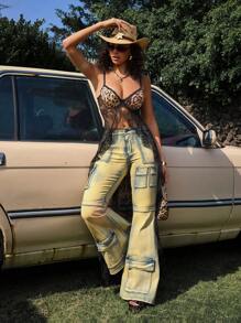 SHEIN ICON Women's Casual Extra Long Denim Flare Jeans With Zipper Detail And Cargo Pockets - Blue - View 3