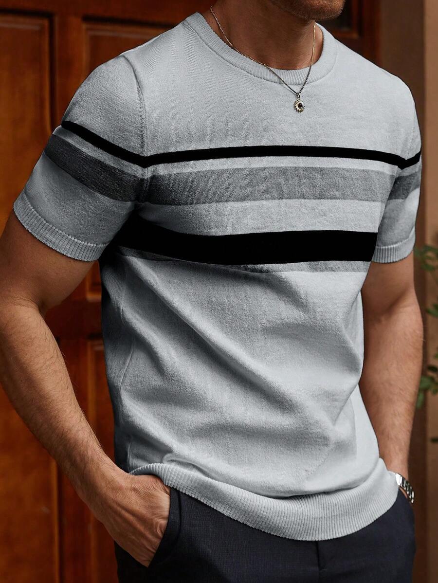 Manfinity Homme 男士条纹印花圆领休闲短袖针织上衣，夏季男士T恤上衣 - 灰色 - 查看 1