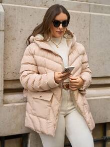 RueChic Plus Size Effen Kleur Winterjas met Riem
