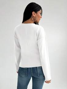 Aloruh Camisa de punto burdeos de manga larga con cuello en V y manga raglán al estilo francés vintage para mujer - Blanco - Ver 3