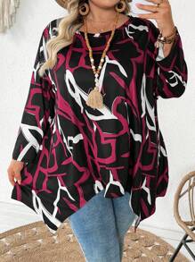 SHEIN CURVE+ Camiseta suelta de manga 3/4 con cuello redondo y bajo asimétrico para mujer de talla grande, con estampados de San Valentín, rosa, corazón, lunares, amor, labios, Cupido, flores 3D