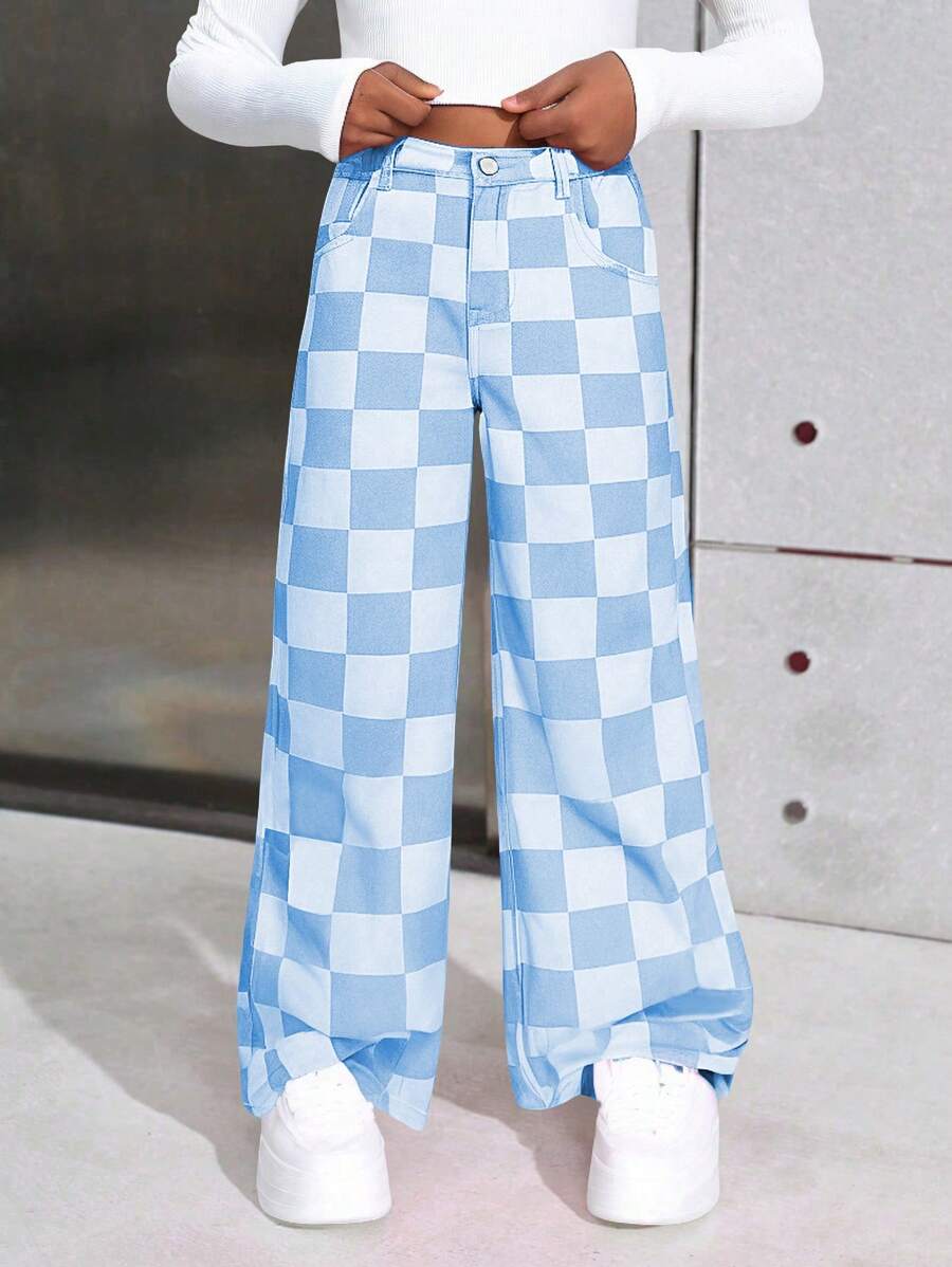 Sparklyn Quần Jeans Rửa Sạch Đơn Giản In Kẻ Sọc Thời Trang Cho Bé Gái Tuổi Teen - Màu xanh nhạt - Xem 1
