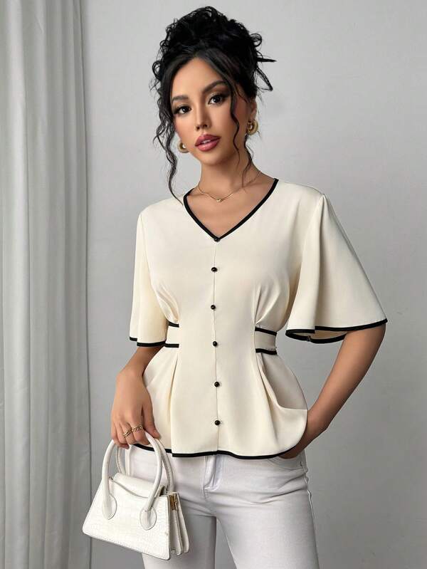 Gloray Women's New Apricot & Black Contrast V-Neck Drawstring Waist Ruffle Sleeve Casual Holiday Elegant Blouse For Spring & Summer