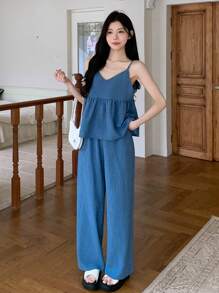 DAZY 2pcs/Set Women Summer Casual Solid Color Camisole And Long Pants,Ruffle