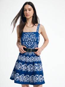 Femmeiva Blue & White Porcelain Retro Print Adjustable Waist Suspender Dress, Holiday Style With Contrasting Patterns, Short Dress For Women - Navy Blue - View 6