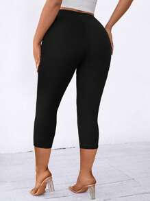 SHEIN LUNE Plus Size Women Solid Color Elastic Waist Casual Versatile 3/4 Leggings - Black - View 2