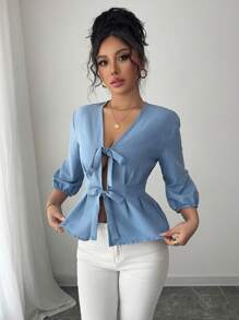 Elenzga Camisa elegante con mangas de farol atada al frente y en la cintura - Azul - Ver 3