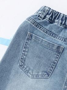 Denimly Tween 女童休闲都市轻洗时尚全年必备宽腿牛仔裤，配有手工缝制的蓝色蝴蝶结弹性腰带和前拉链 - 淺色水洗藍 - 查看 5