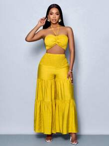 SOLERSUN Conjunto de 2 piezas para mujer de primavera y verano, compuesto por un top tubo sin mangas, cuello halter y lazo, con cintura fruncida, y un pantalón ancho de pierna ancha, roto y con capas, en un estilo informal y de vacaciones