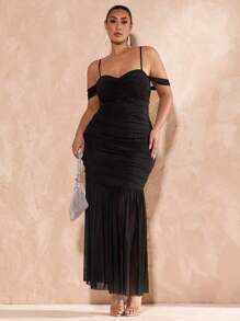 SHEIN BAE Plus Size Women's Spring And Summer Black Long Mesh Gathered A-Line Patchwork Dress,Graduation  Dress,Cut Out Dress,Maxi Skirt Co Ord,Pleated Dress,Long Spring Dress,Resort Wear Women,Mother Day,Mother's Day Gift,Mom,Easter Plus Women Outfits,Holiday Night Outfits,Summer Jacket,Elegant,Concert Outfit Women,Summer Outfits For Women,Summer,Birthday Women Outfits,Wedding Outfit,Graduation Outfit,Club Outfits Women Sexy - Black - View 4