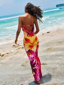 Opulessa Váy đi biển hở lưng in hoa dệt cho nữ - Màu tím - Xem 7