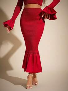 Vixey 纯色缎面美人鱼下摆中长裙，春季服装，女士夏季服装 - 紅色 - 查看 5