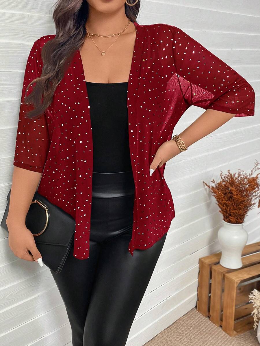 SHEIN LUNE Plus Size Women Rhinestone Embellished Mesh Sheer Jacket Thanksgiving Women New Years Women Winter Dresses Winter Women Rave,Christmas Women Sequin Top Birthday For Women New Years Dress Women New Years Eve Going Out Tops Women, Office Wear, New Years Women, Party, Business Casual Woman, Old Money Style,Valentine,Love/Lover