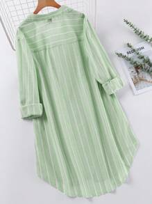SHEIN LUNE Plus Size Blue And White Striped Knee-Length Fall Dresses With Open Shirt Collar Baby Blue Dress Women Dress With Sleeves Blue Homecoming Dress Comfortable Cotton Business Casual Woman Work Dress Business Dress Simple & Fashionable