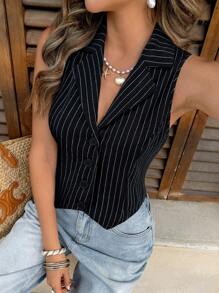 SHEIN Frenchy Áo ghi lê cổ ve kẻ sọc, cài nút đơn giản, trang phục công sở thường ngày cho nữ vào mùa thu/đông - màu đen - Xem 1
