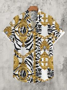 Manfinity Homme 金链、金怀表、斑马纹时尚休闲全身图案印花修身男式短袖衬衫 - 彩色 - 查看 1
