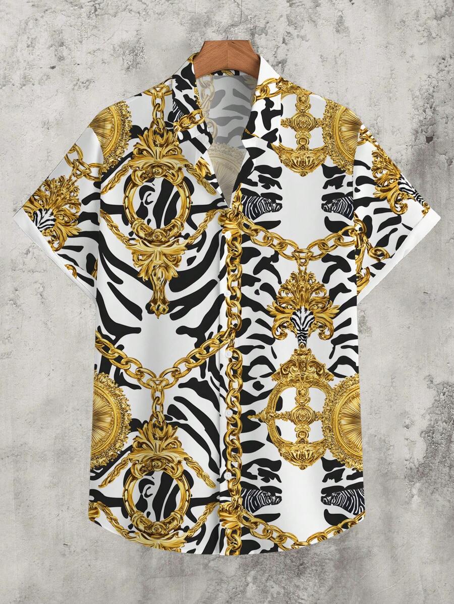 Manfinity Homme 金链、金怀表、斑马纹时尚休闲全身图案印花修身男式短袖衬衫 - 彩色 - 查看 1