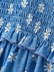 SHEIN Young Girls' Summer Daisy Print Print Ruffled Hem Bowknot Strap Dress,Versatile For Outing, Home, Holiday - Multicolor - View 9