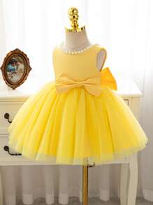 SHEIN Glamorique Kids Vestido de fiesta de tul de Princesa de Navidad para niña, vestido de niña de las flores para concurso, vestido de bola pomposo rosa, vestido de fiesta de princesa blanco con escote de pico y gran lazo