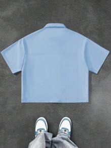 Aesthetic Post 男士短袖网眼印花前拉链衬衫，男士短款衬衫，衬衫街头服饰 - 淺藍色 - 查看 4