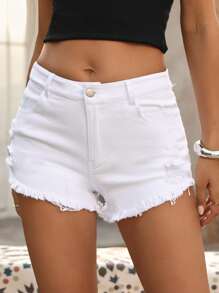 EMERY ROSE Plus Size Women Distressed Pockets Raw Edge Casual Denim Shorts - Medium Wash - View 3