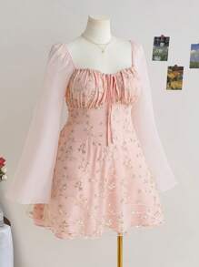 SHEIN WYWH Váy chữ A thêu hoa lãng mạn cỡ lớn cho nữ, tay loe, màu hồng, kỳ nghỉ mùa xuân - Màu Hồng baby - Xem 7