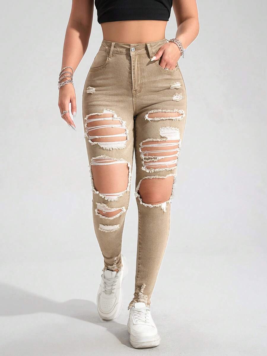 Casual Distressed Slim-Fit Denim Jeans - Khaki - View 1