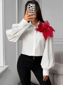 Calvaya New Elegant Loose Fit Burgundy Organza 3D Floral Design Blouse