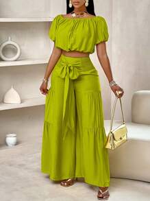 SOLERSUN Summer Beach Vacation Style One-Shoulder Puff-Sleeved Ruffled Strapless Crop Top & Wide Leg Pants Set For Summer