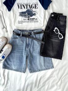 SHEIN Teen Girls' Y2K Summer Street Vintage Retro Blue/Black Washed 2000s Slant Pocket Raw Trim 2 Pcs Denim Baggy Ripped Bermuda Long Shorts, Baggy Wide Leg Shorts, Summer Brunch Graduation,Vacation Beach Vacation,Country Concert/Rave Festival - Multicolor - View 4