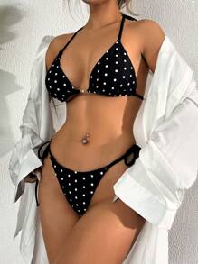 SHEIN Swim Conjunto de bikini con cordón y estampado de puntos blancos sobre fondo negro elegante y de estilo resort, para mujer, para el verano