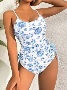 SHEIN Swim 女式时尚花卉印花系带连体泳衣，夏季 - 彩色 - 查看 4