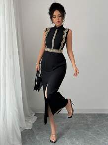 Rafferiza Elegant Fashion Daily Versatile Stand Collar Sleeveless Gold Embroidered Lace Patchwork Waist Dress For Women - Black - View 6