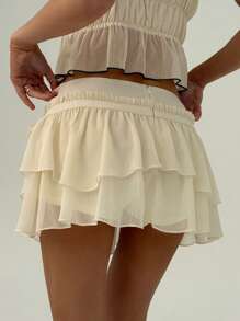 Aloruh 可爱年轻女士杏色低腰蝴蝶结褶饰蛋糕迷你裙 - 杏色 - 查看 2