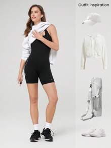 GLOWMODE 6'' FeatherFit™-Air Sweat-Wicking Quick-Dry Get Moving Tummy Control Halter Crisscross Strap Romper Bodysuit With Side Pockets Low Impact Yoga Pilates Studio Daily Casual Wear - Black - View 9