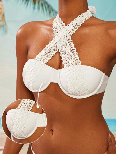 SHEIN Swim Women's Boho Tropical Crochet Lovely Criss-Cross Tie Sexy White Backless Halter Bikini Top, Push-Up Padded Swimwear For Vacation, Spring/Summer New, Suitable For Music Festival, Wedding Season Two Pieces Swimwear Women Swim Suits For Women Women Bikini Tops Beach Sets For Women Beach Clothes For Woman Bathing Suits Women Tops