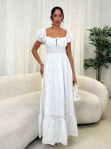 Glamine Women's Summer Ruffled Tie Front Embroidery Decor Solid Color Romantic Vacation Dress - White - View 3