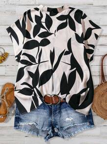 Linhara Plus Size Contrast Color Leaf Print V-Neck Short Sleeve Shirt