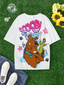 SCOOBY-DOO X SHEIN Camiseta de manga corta con cuello redondo y estampado de perro de dibujos animados, casual y linda, talla grande, para verano