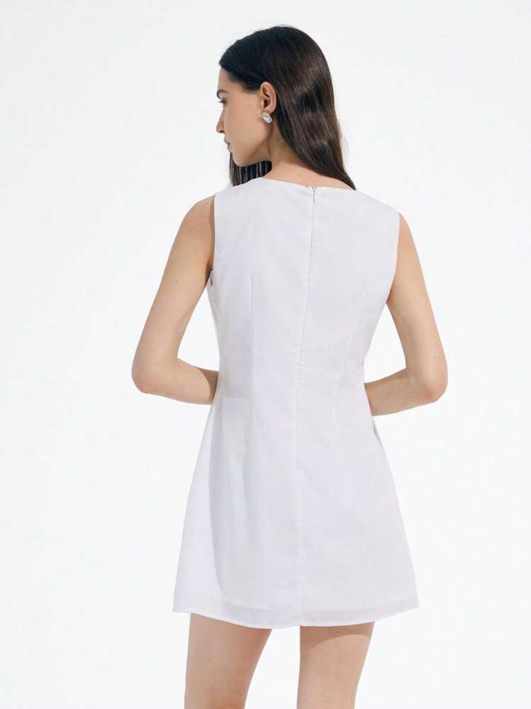 Chiquease French Elegant Aesthetic Minimalist Fresh Countryside Style Girl Round Neck Sleeveless Embroidered Floral Trim Waisted Short Dress For Women - White - View 6