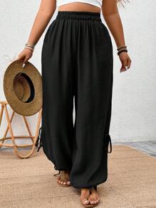 EMERY ROSE 大码女式纯色口袋系腰宽松哈伦裤 - 黑色 - 查看 3