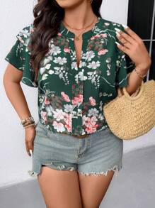 SHEIN Blusa de mujer de talla grande con cuello en V, manga con volantes y estampado floral para vacaciones - Verde Oscuro - Ver 3