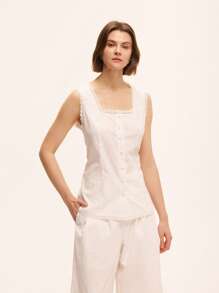 Chiquease Women's Spring & Summer Linen Bamboo Joint Sleeveless Lace Patchwork Button Front Casual Shirt - White - View 3