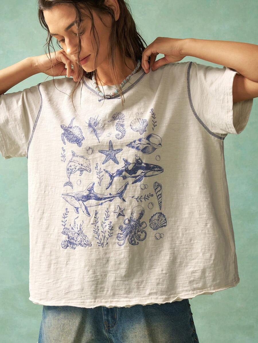 Bohemela Summer Vacation Style Ocean Pattern Knit Round Neck Loose Women T-Shirt - Apricot - View 1