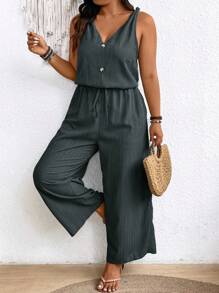 SHEIN Frenchy 大码 Earthy Clothes 纹理绉纱吊带连体裤，带蝴蝶结腰部和 V 领 - 深灰色 - 查看 1