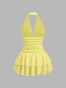 Sweetra 黑色混合针织 V 领露背荷叶边修身迷你连衣裙，优雅休闲，适合女性春夏