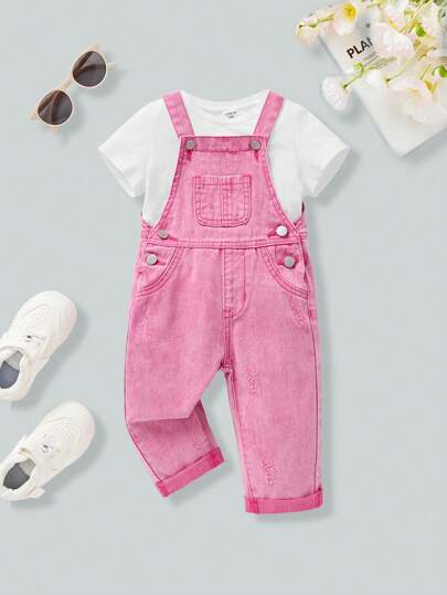 SHEIN 女婴可爱宽松蓝色牛仔背带裤秋冬装，街头酷炫风格牛仔装