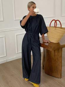 Livesso 女士圆领短袖连体裤，休闲都市街头牛仔连体裤 - 深色水洗藍 - 查看 7